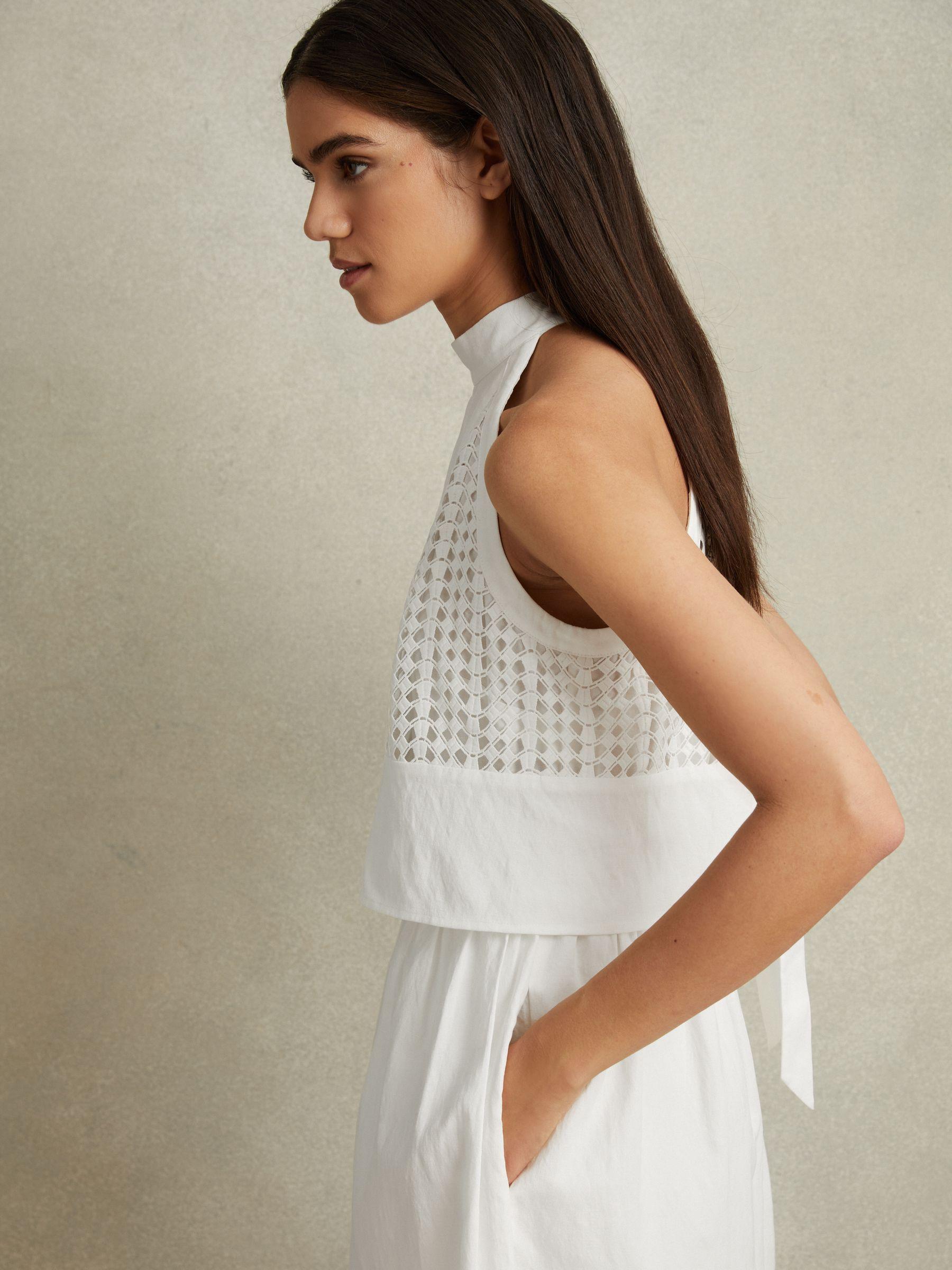 Broderie Halter Neck Mini Dress With Linen in White Product Image