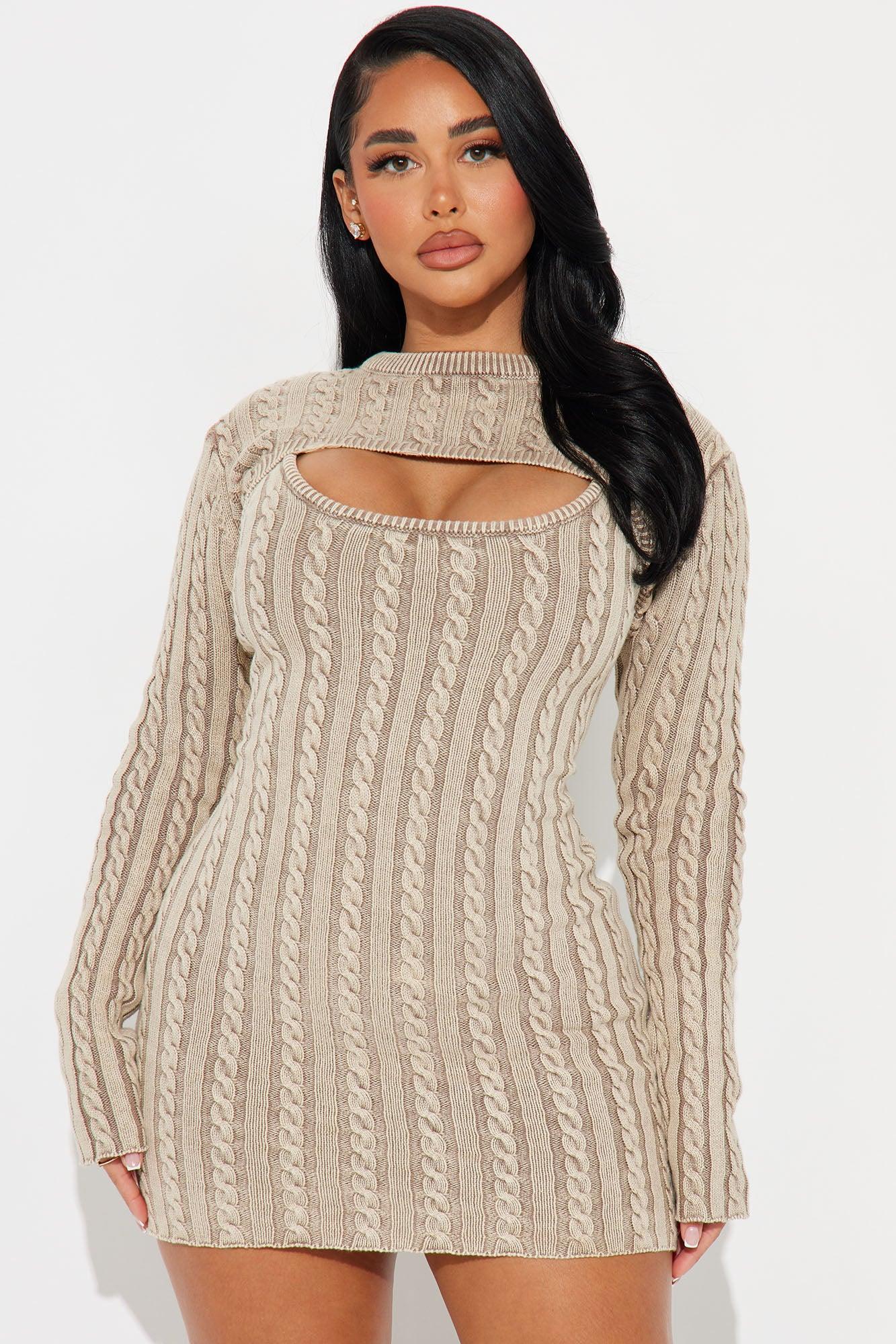 Cable Knit Mini Dress Set - Mocha Product Image