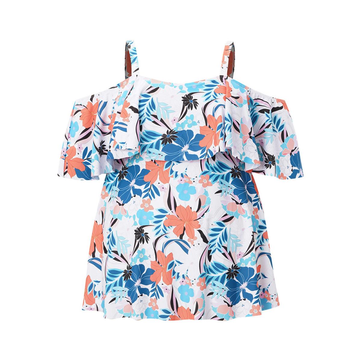 Plus Size Tropical Adjustable Straps Cold Shoulder Ruffles Trim Swim Dress Women's Swimwear Multicolor Resort Bodycon One-shoulder neck High stretch Curve Swim Dresses BloomChic 22-24/3X Product Image