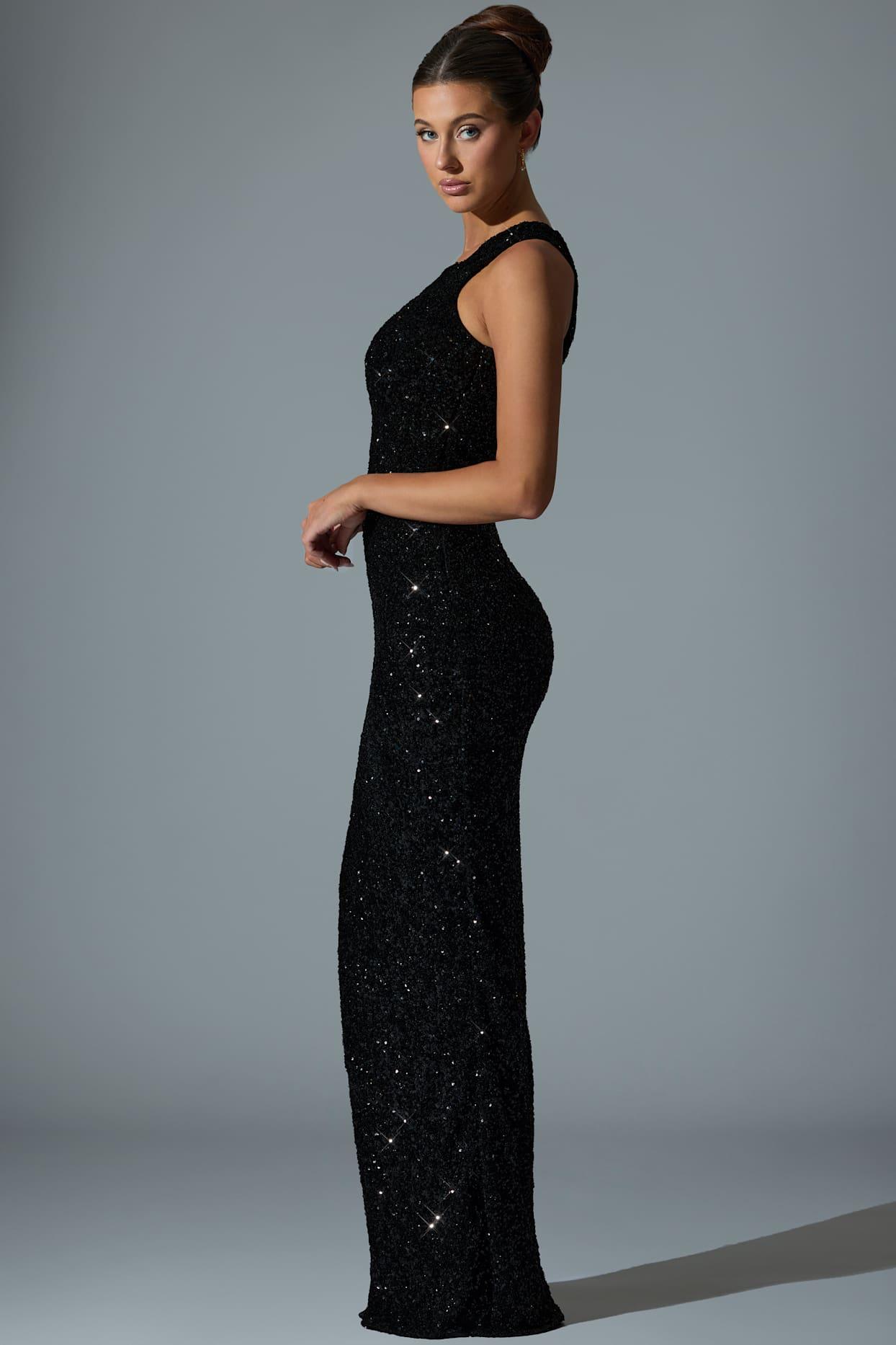 Embellished Asymmetric Cut-Out Gown in Black Product Image