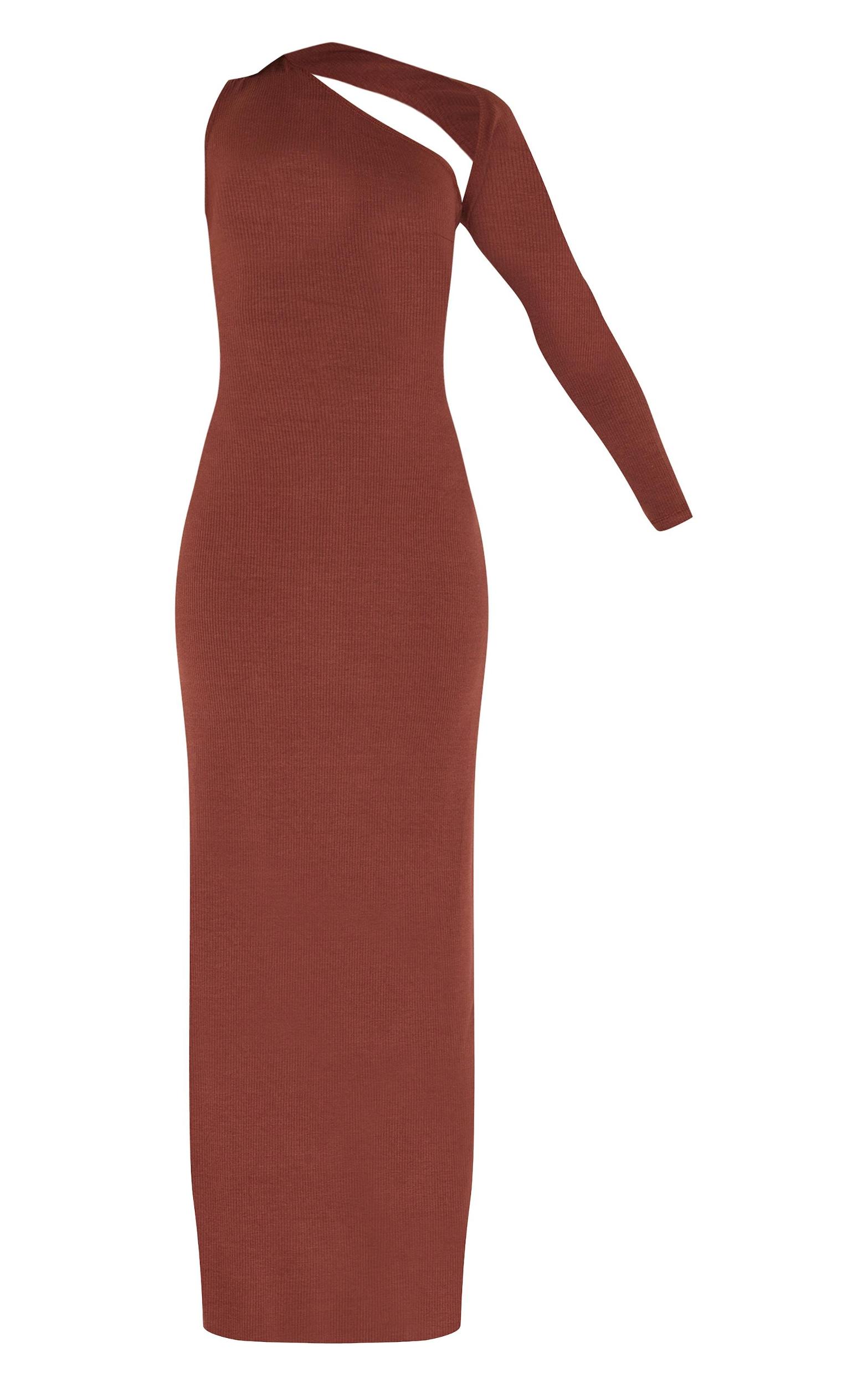 Petite Chocolate Ribbed One Sleeve Maxi Dress Product Image