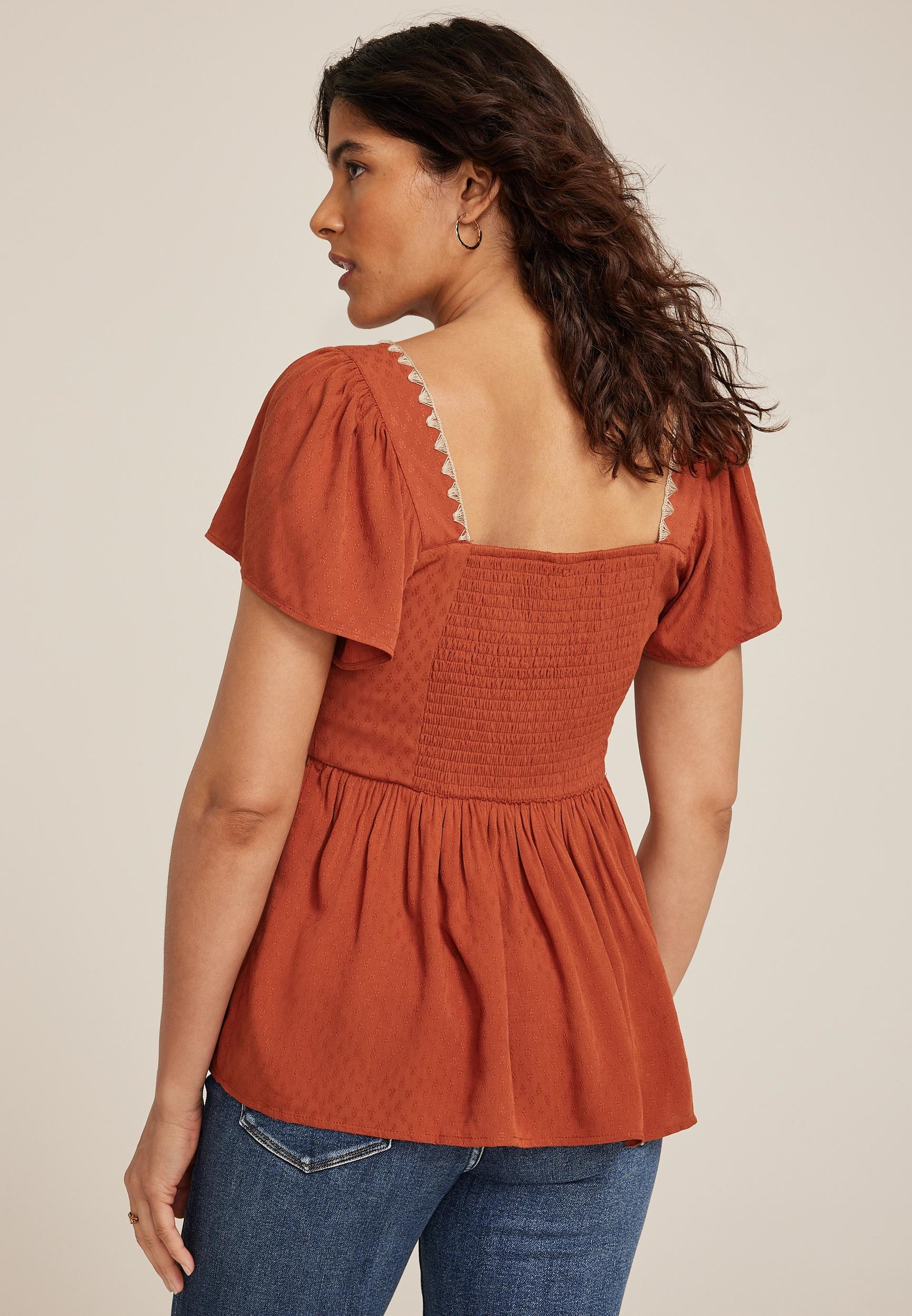 Whipstitch Embroidered Flutter Sleeve Babydoll Blouse Product Image