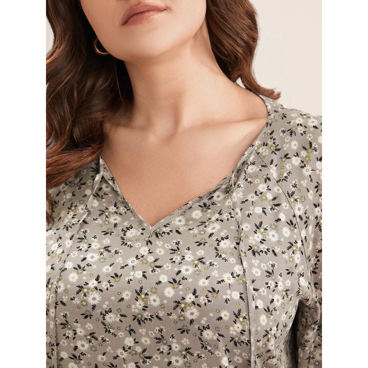 Plus Size LightBrown Ditsy Floral Ruffle Sleeve Tie Neck Blouse Women Elegant Short sleeve V-neck Everyday Blouses BloomChic 10/M Product Image