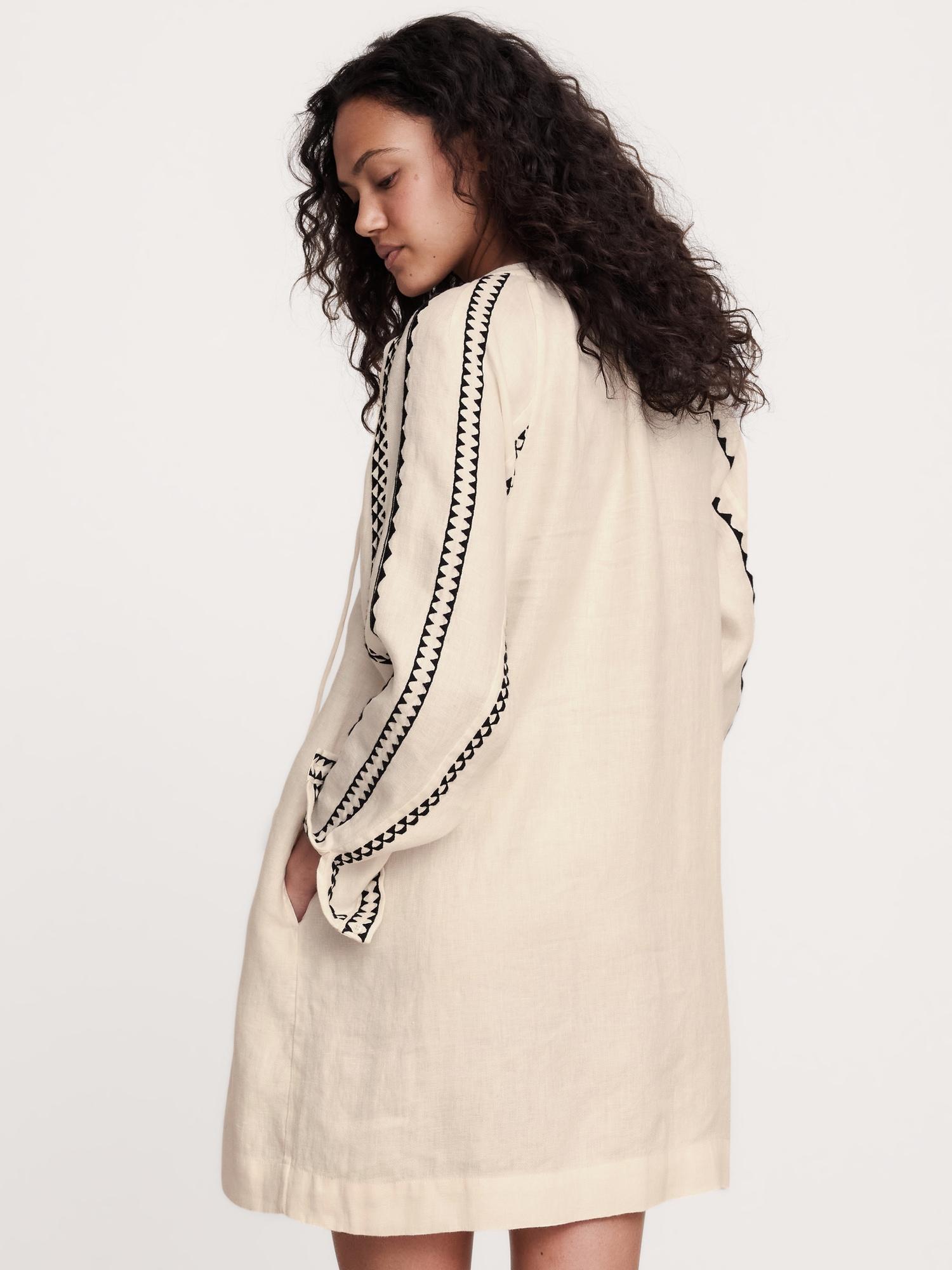 Embroidered Linen Peasant Dress Product Image
