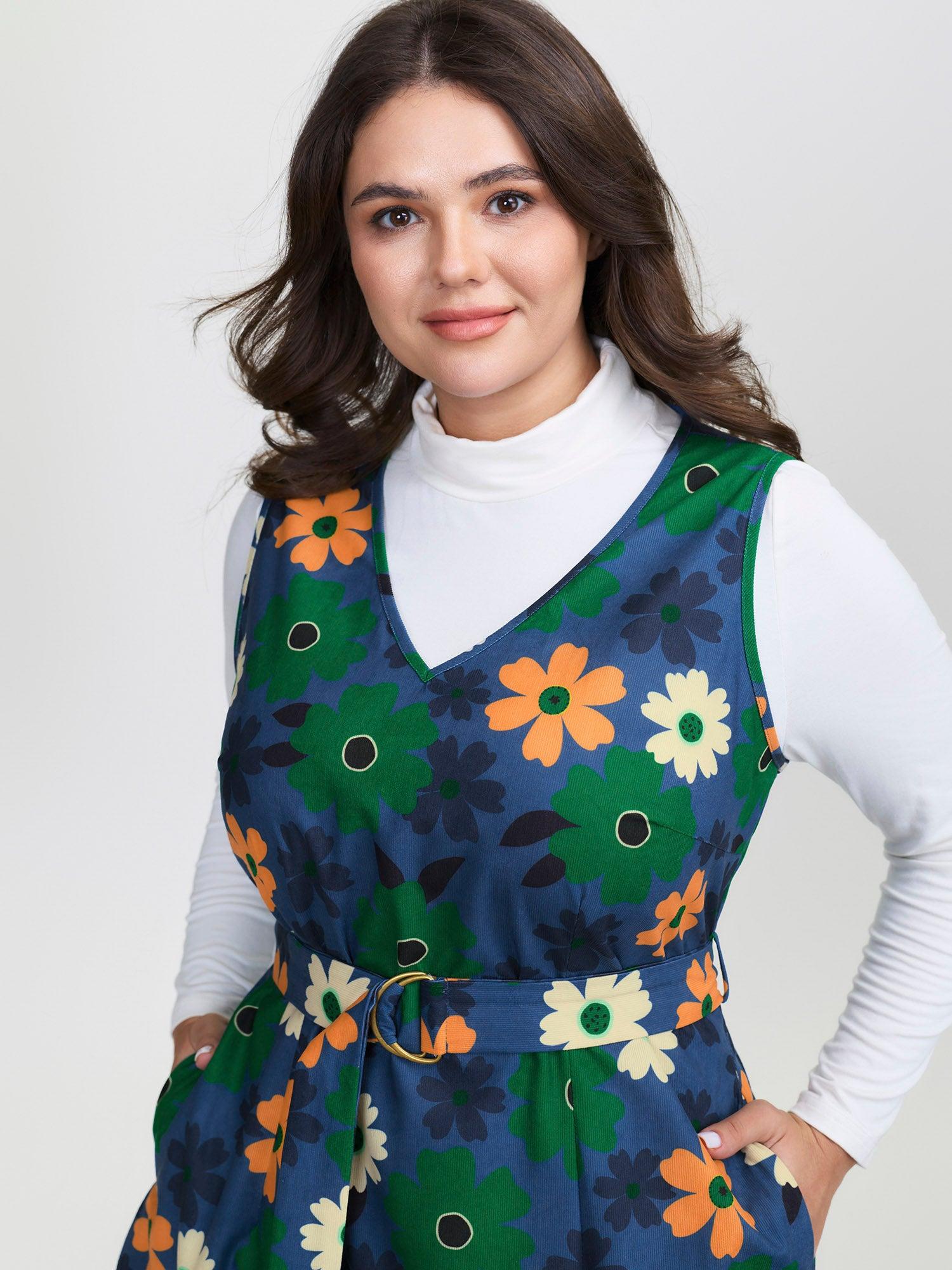 Floral Belted Waist-Defining Knee Dress Female Product Image