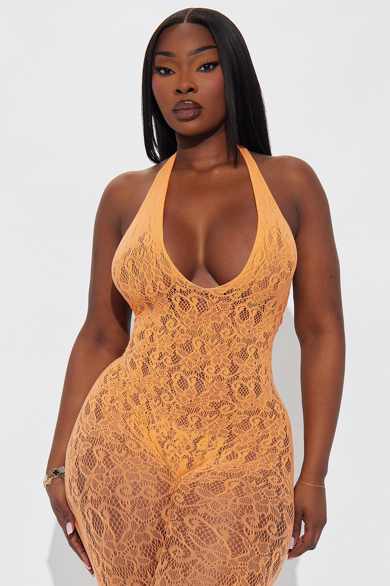 Lace Me Up Crotchless Lace Jumpsuit Bodystocking - Orange Female Product Image