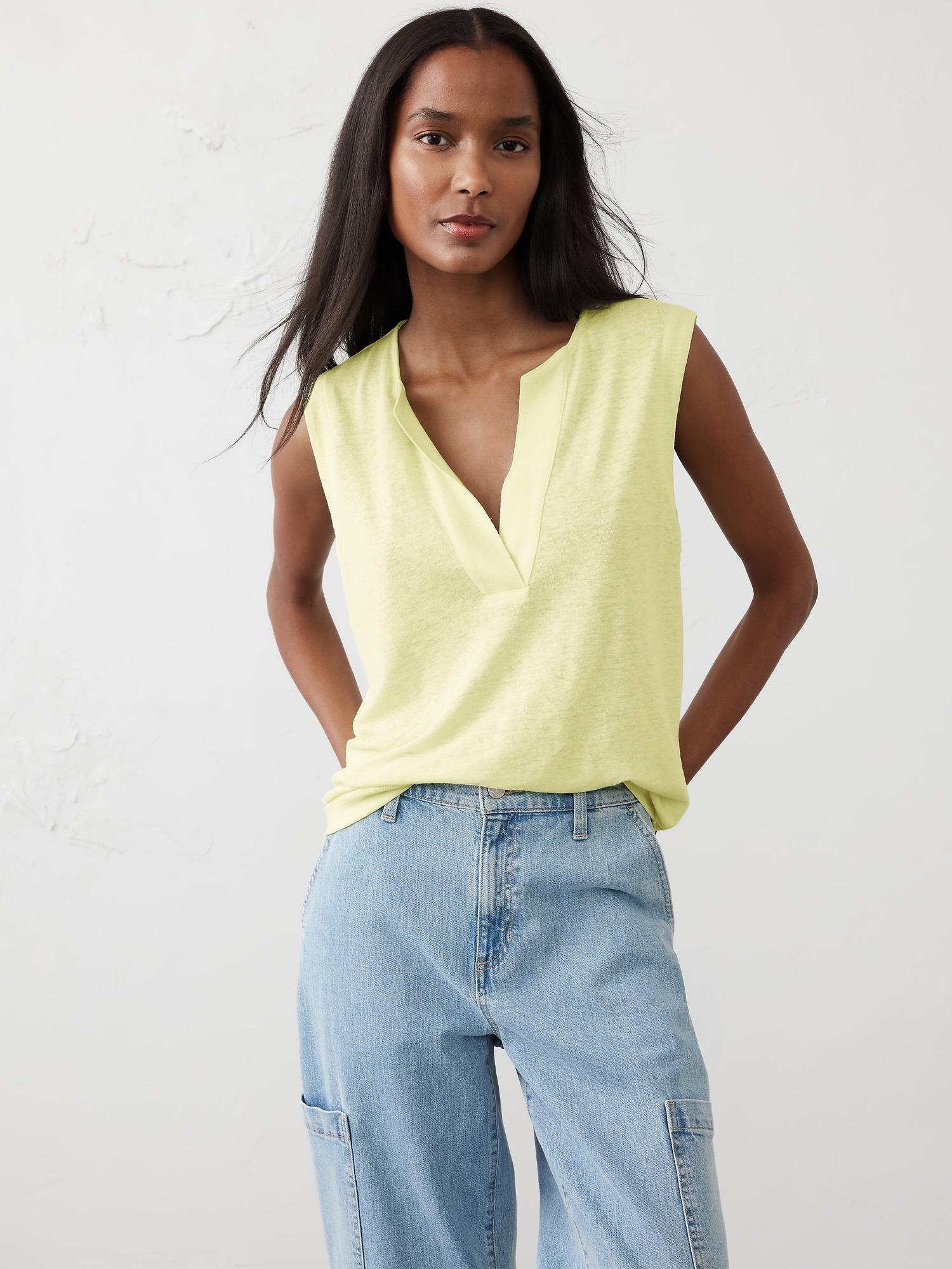 Linen-Blend Split-Neck Tank Product Image
