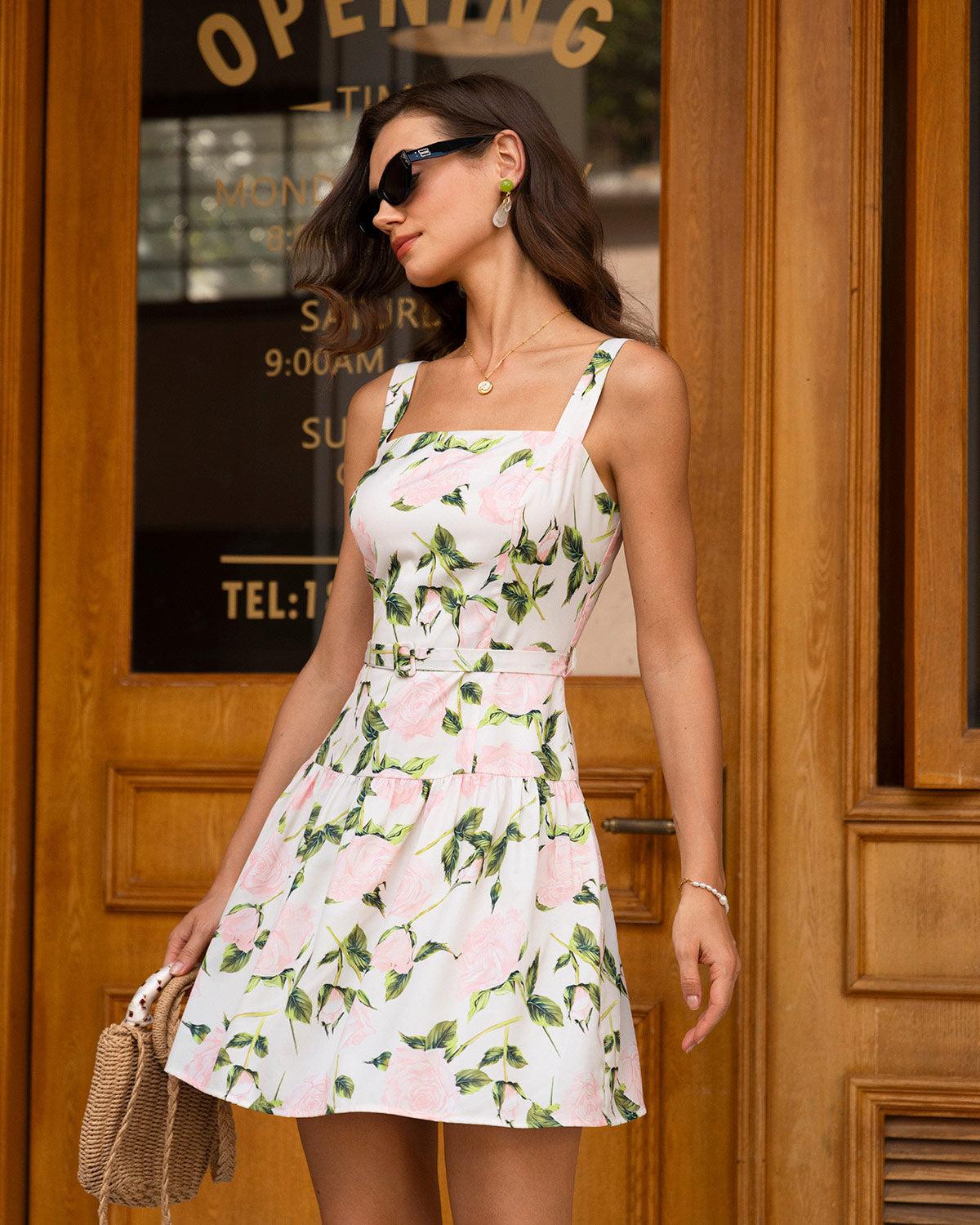 Pink Floral Ruched Belted Slip Mini Dress Product Image