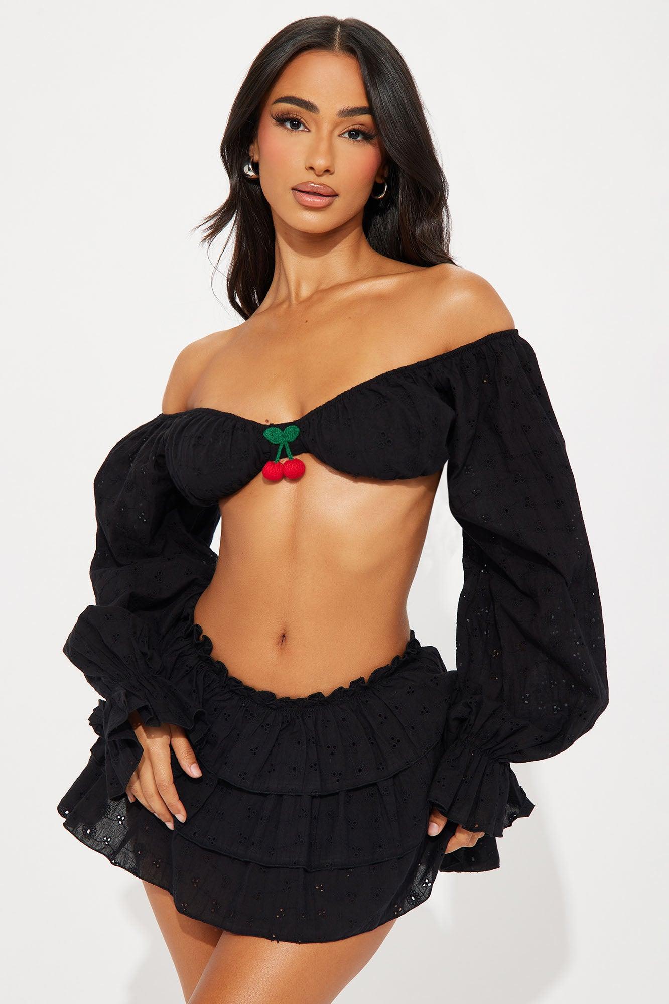 Cherry Drop Micro Mini Skirt Set - Black Product Image