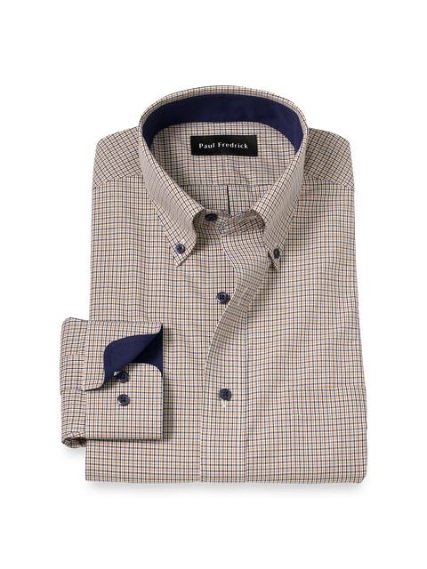 Non-Iron Cotton Check Dress Shirt With Contrast Trim - Navy/gold Product Image