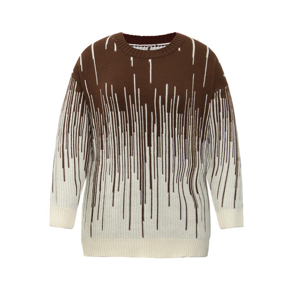 Plus Size Striped Ombre Textured Elastic Cuffs Pullover DarkBrown Women Casual Loose Long Sleeve Round Neck Everyday Pullovers BloomChic 18-20/2X Product Image