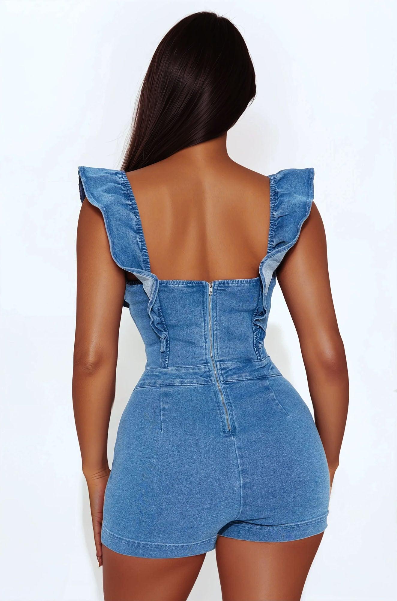 Raquelle Ruffle Denim Romper - Medium Wash Product Image