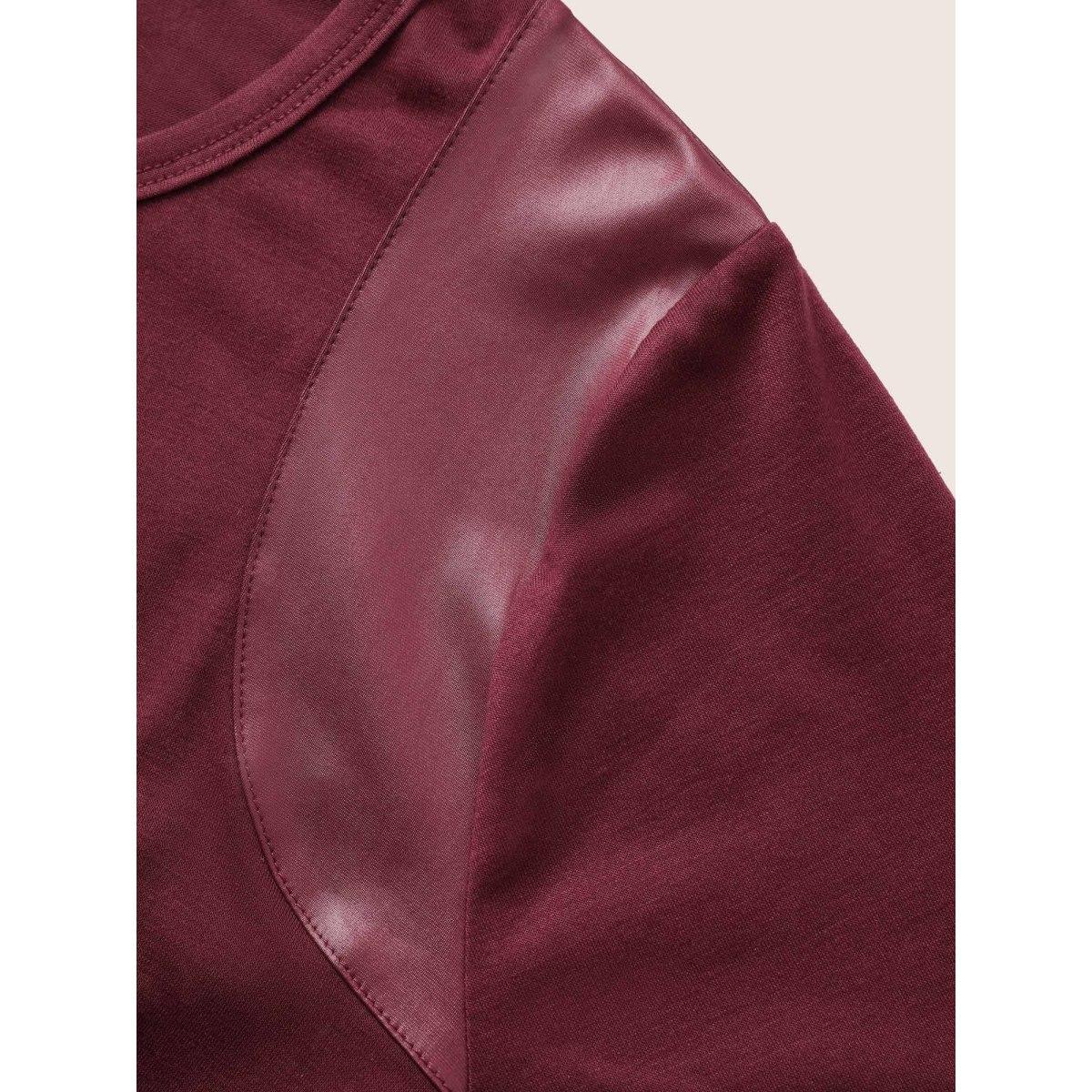 Plus Size Crew Neck Plain PU Leather T-shirt Burgundy Women Casual Patchwork Plain Round Neck Everyday T-shirts BloomChic 12/L Product Image