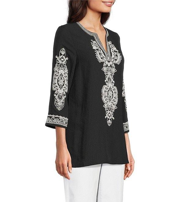 Calessa Embroidered Split V-Neck 3/4 Sleeve Tunic Product Image