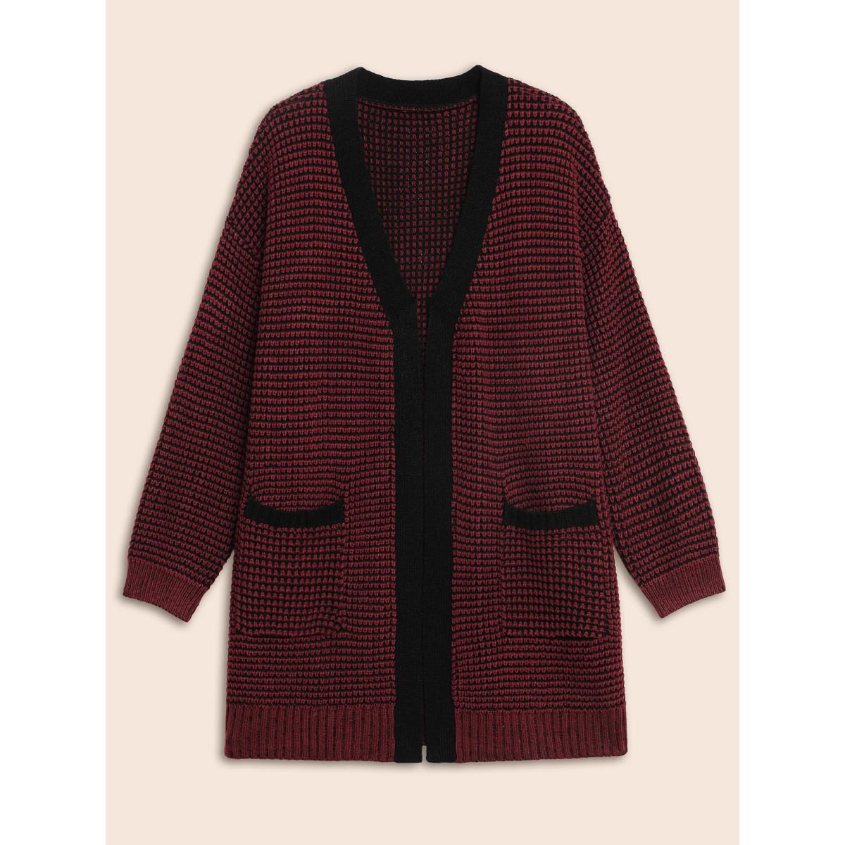 Plus Size Contrast Textured Drop Shoulder Sleeve Cardigan Burgundy Women Leisure Loose Long Sleeve Casual Cardigans BloomChic 22-24/3X Product Image