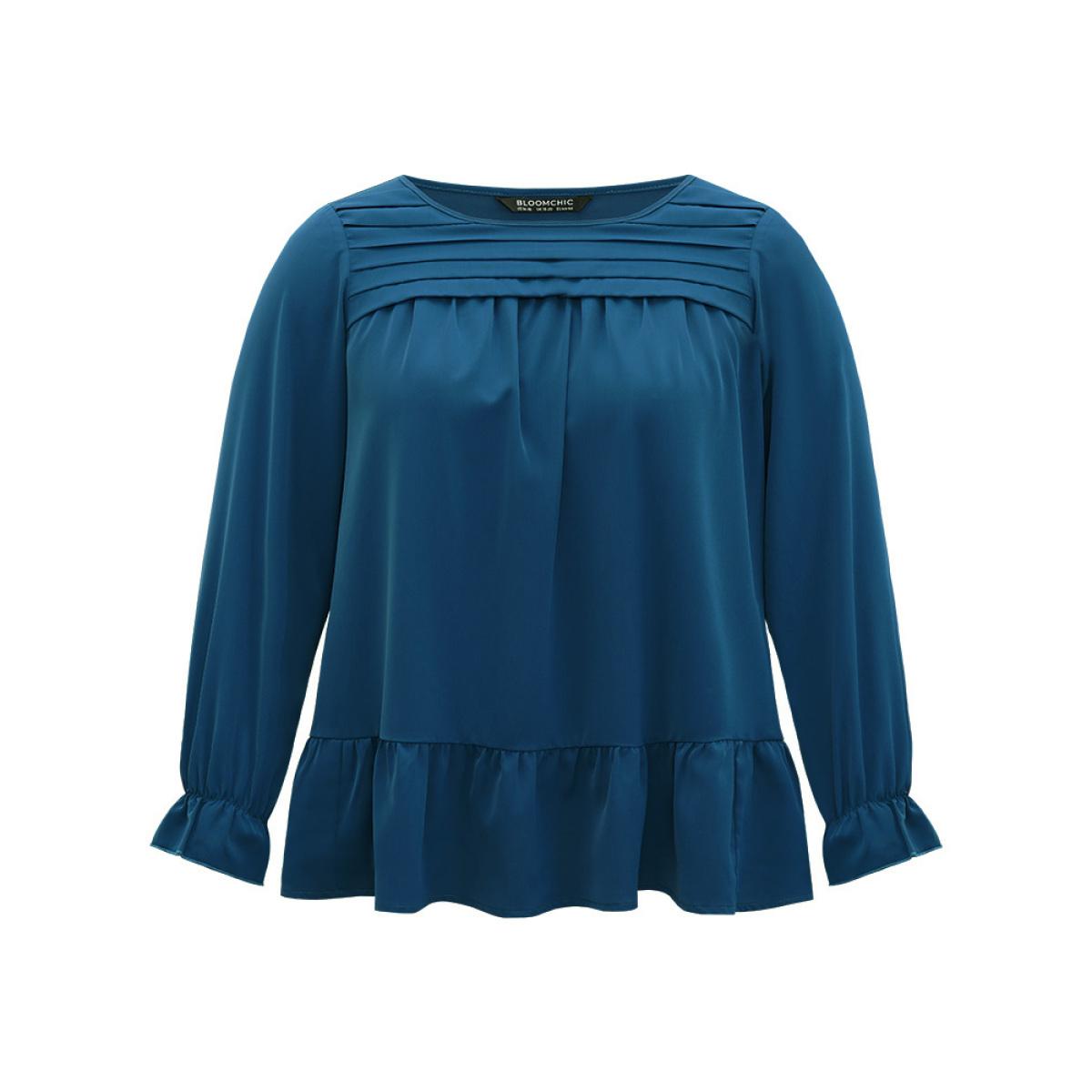 Plus Size Aegean Static-Free Plain Pleated Ruffles Lantern Sleeve Blouse Women Office Long Sleeve Round Neck Work Blouses BloomChic 30/6X Product Image