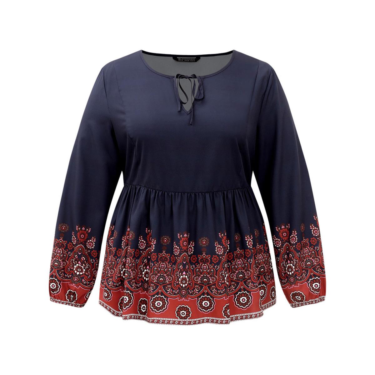 Plus Size Indigo Boho Print Lantern Sleeve Tie Neck Elastic Waist Blouse Women Vacation Long Sleeve Tie Neck Vacation Blouses BloomChic 28/5X Product Image