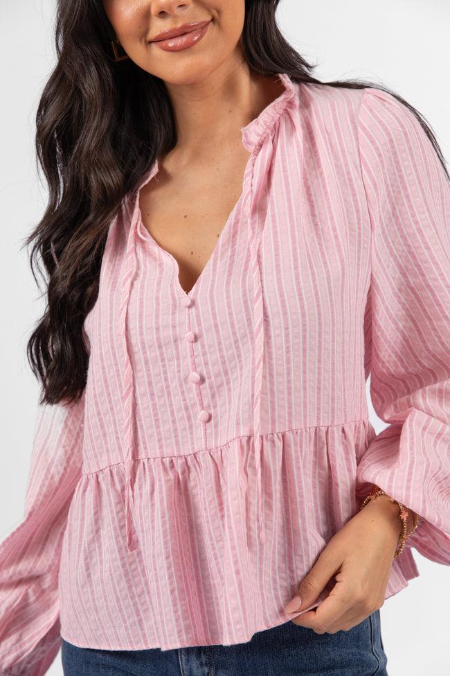 Oh My Darling Pink Stripe Notched Neckline Button Detail Peplum Blouse FINAL SALE Product Image