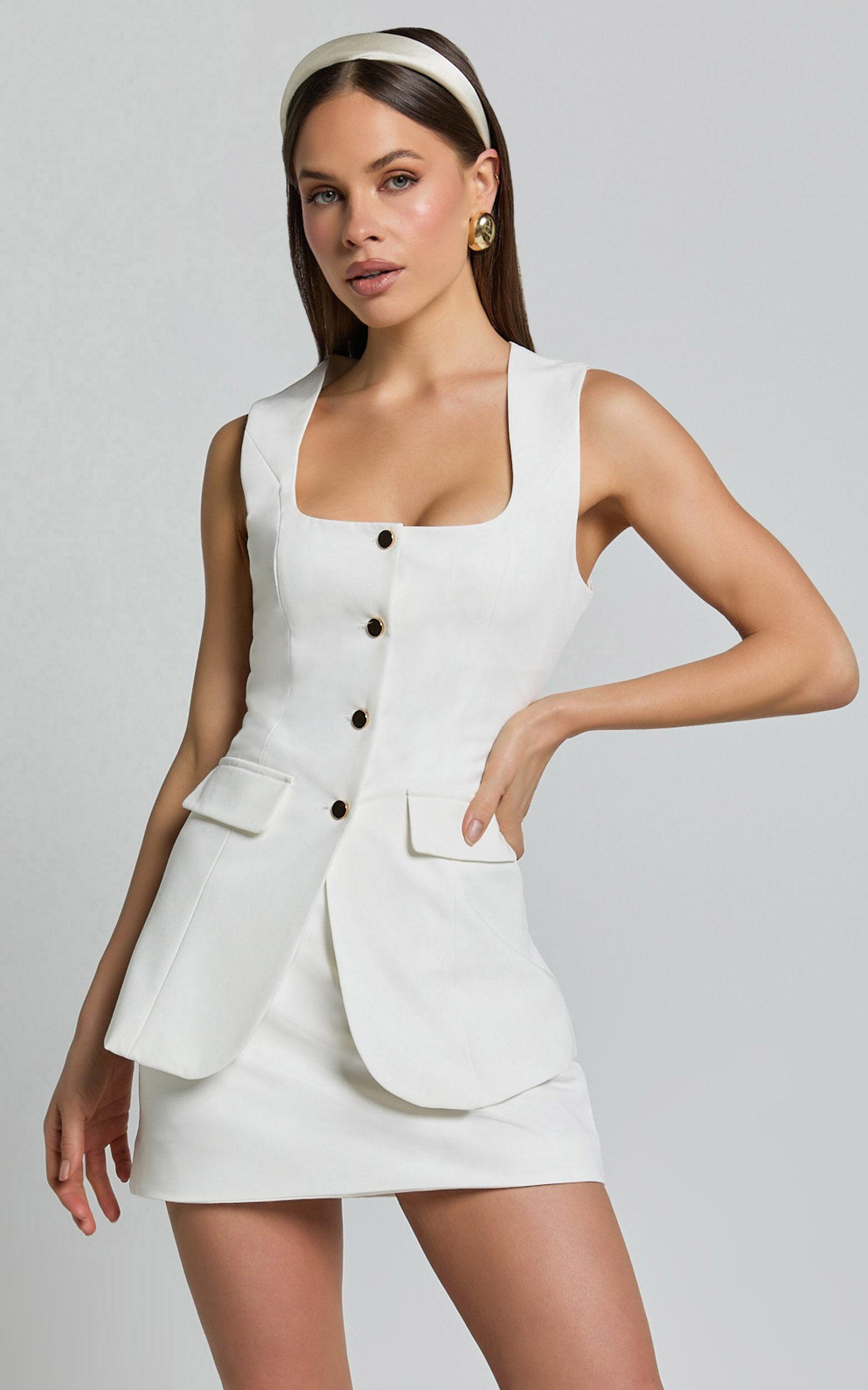 Phyllis Two Piece Set - Tailored Scoop Neck Vest Top and A Line Mini Skirt Set with Gold Buttons in White Product Image