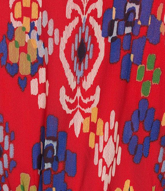 Calessa Plus Size Mesh Knit Abstract Ikat Print V-Neck Cap Sleeve Midi Dress Product Image