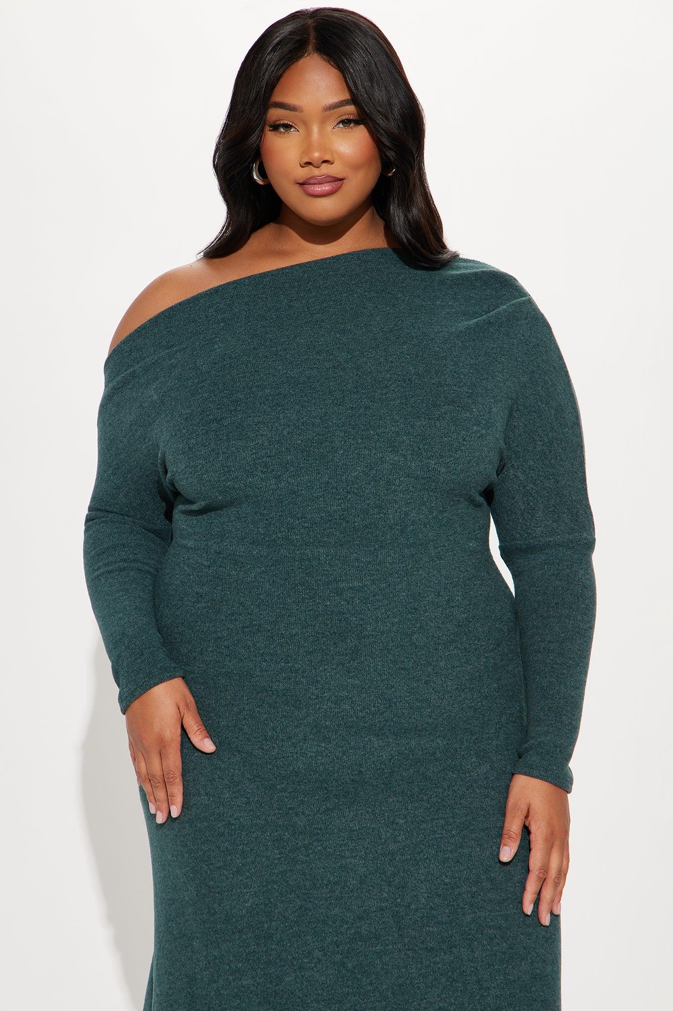 Stay Cozy One Shoulder Midi Dress - Hunter Product Image