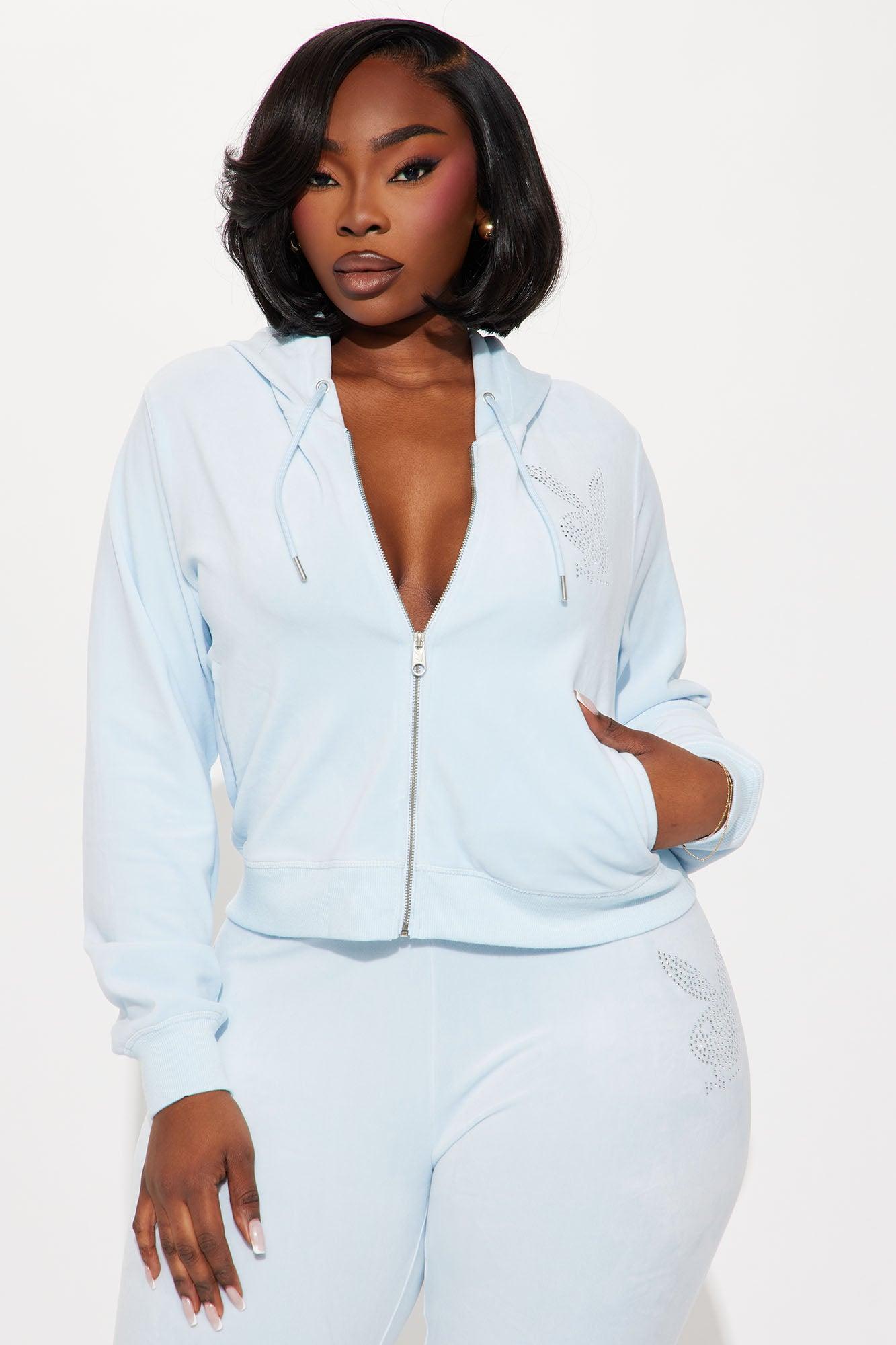 Playboy Snow Bunny Velour Zip Front Hoodie - Light Blue Product Image