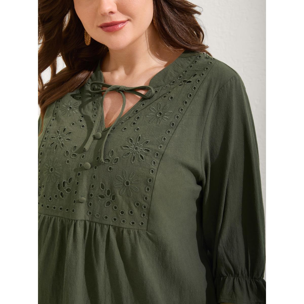 Plus Size ArmyGreen Broderie Anglaise Tie Knot Lantern Sleeve Blouse Women Boho Elbow-length sleeve Notched collar Vacation Blouses BloomChic 28/5X Product Image