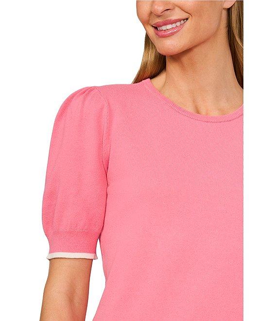 CeCe Knit Crew Neck Short Sleeve Contrast Piping Sweater Product Image