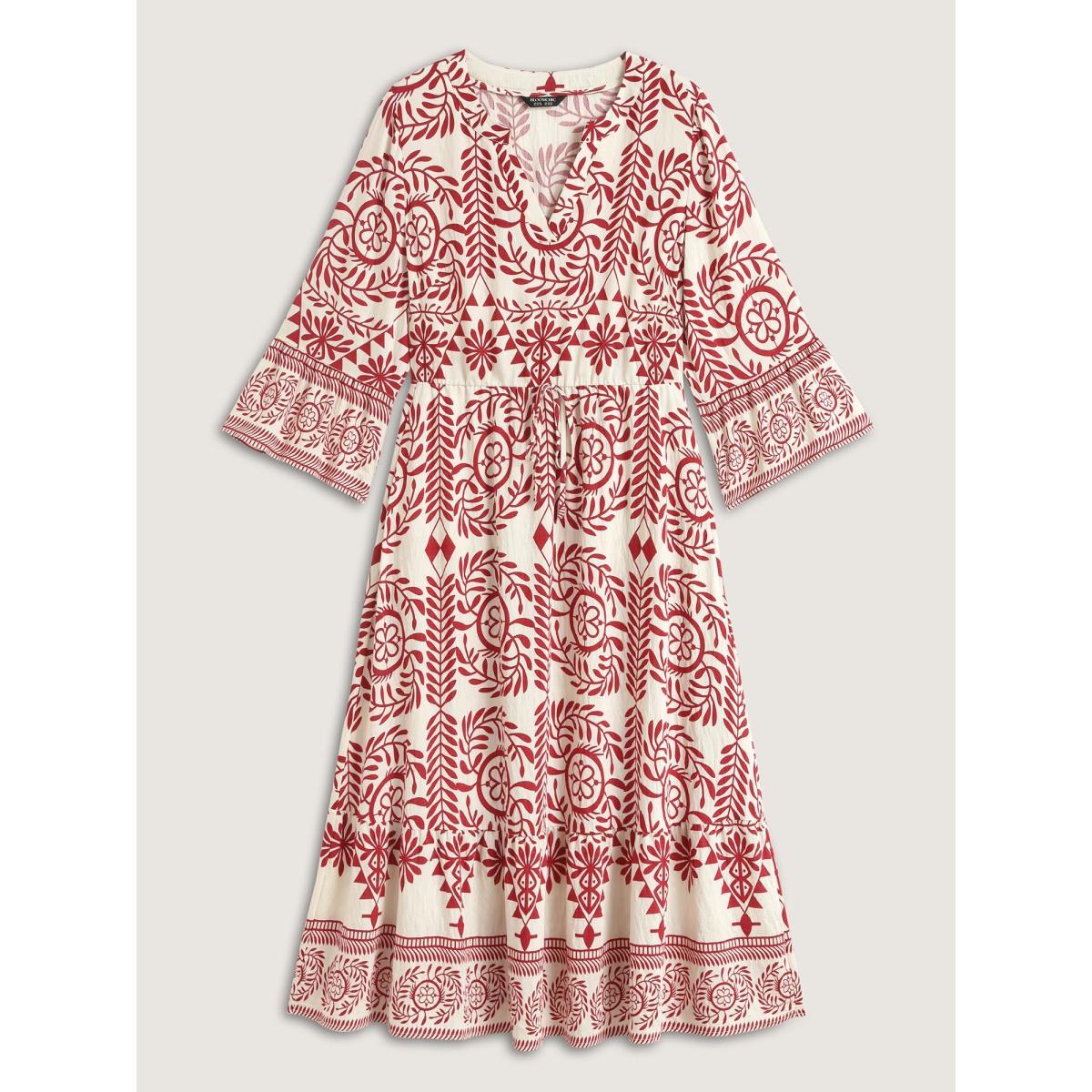 Plus Size Ornate Print Color Contrast Midi Dress Raspberry Women Tie knot Flat collar with V-notch Elbow-length sleeve Curvy BloomChic 30/6X Product Image