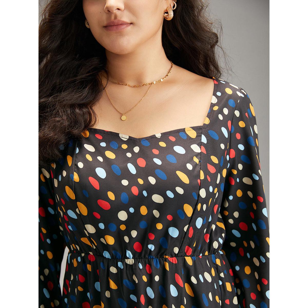 Plus Size Contrast Polka Dot Pocket Long Sleeve Dress Black Women Elegant Printed Square Neck Long Sleeve Curvy Midi Dress BloomChic 12/L Product Image