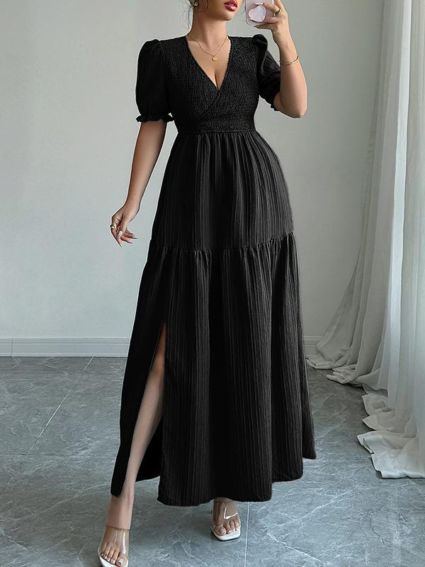 Half Sleeves High Waisted Pleated Solid Color Split-Front V-Neck Maxi Dresses Product Image