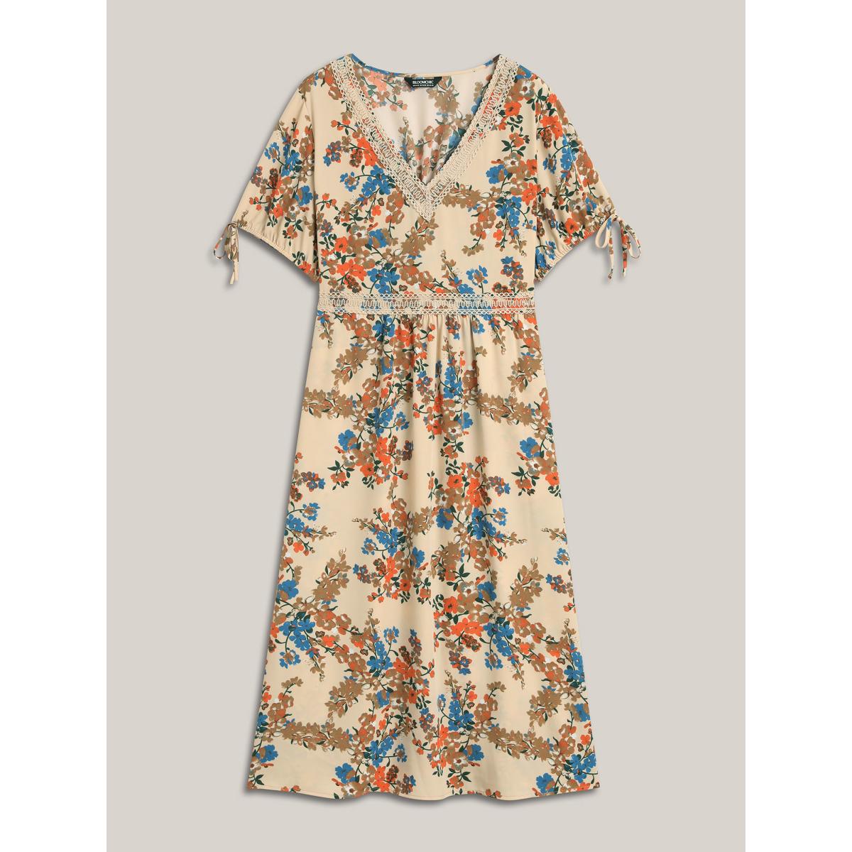 Plus Size Floral Pring Lace Detail Tied Midi Dress Apricot Women Elegant Woven ribbon&lace trim V-neck Short sleeve Curvy BloomChic 18-20/2X Product Image