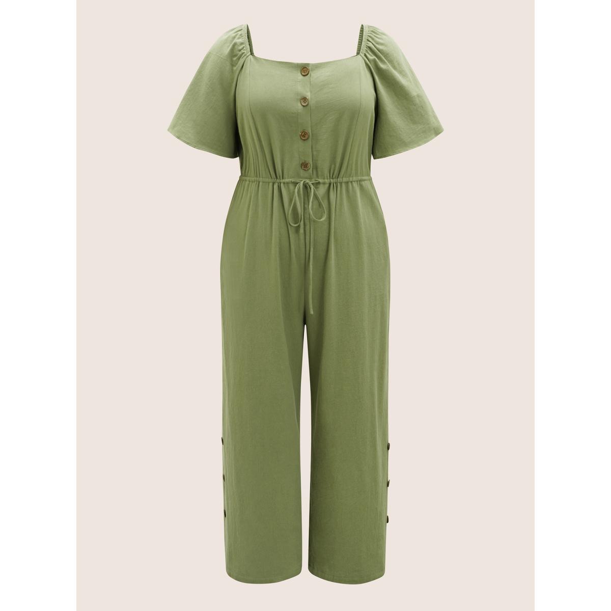 Plus Size Sage Plain Button Detail Drawstring Square Neck Jumpsuit Women Casual Short sleeve Square Neck Everyday Loose Jumpsuits BloomChic 12/L Product Image