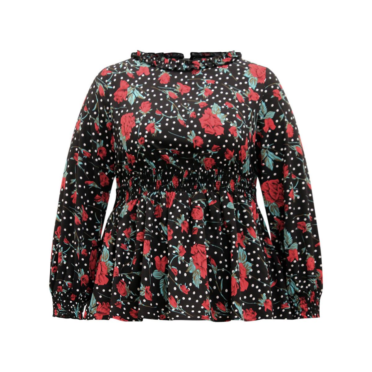 Plus Size BlackFlower Rose Print Shirred Frill Trim Lantern Sleeve Blouse Women Elegant Long Sleeve Round Neck Dailywear Blouses BloomChic 10/M Product Image
