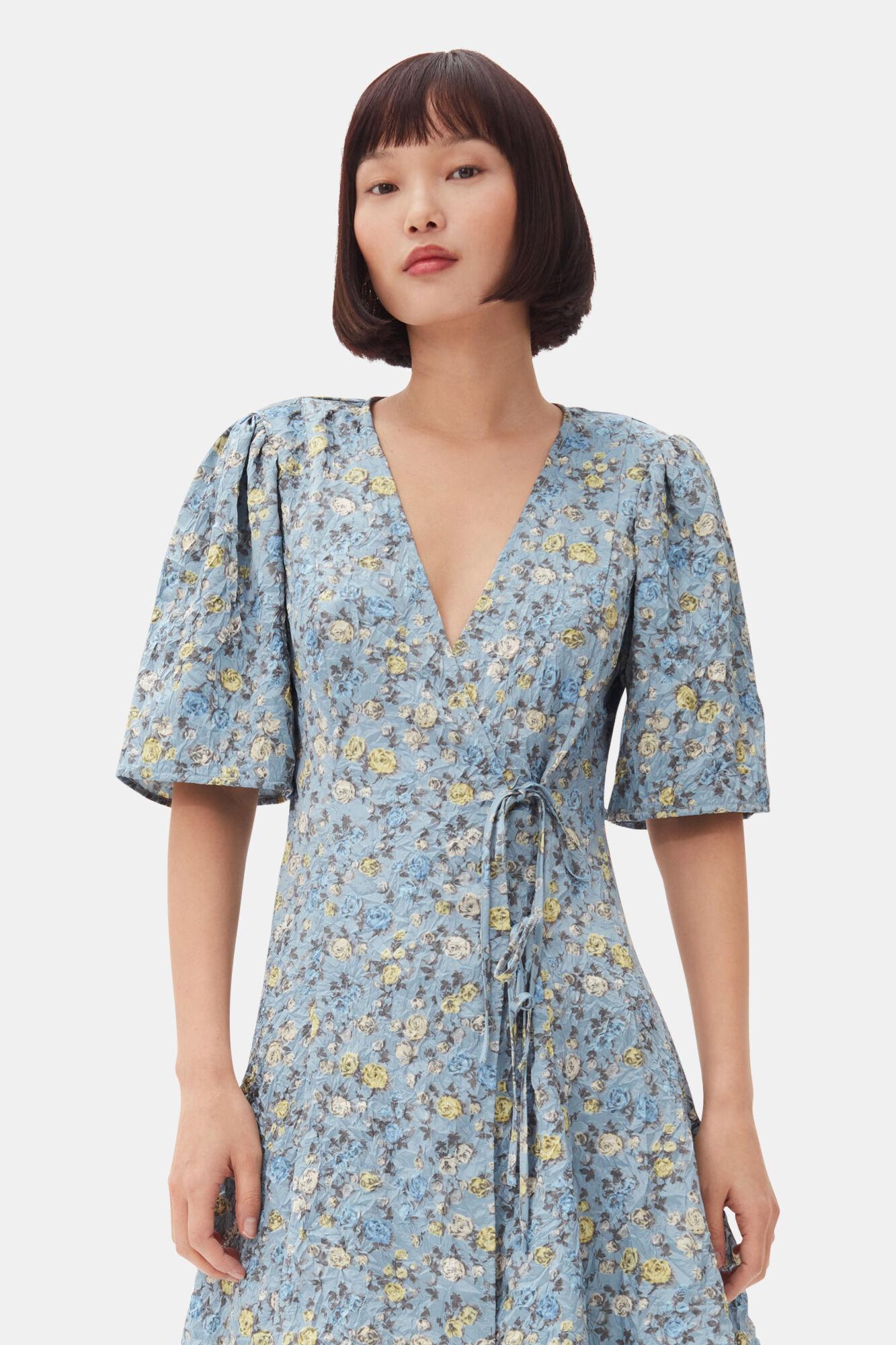Blue Floral Printed Crinkled Satin Mini Wrap Dress Product Image