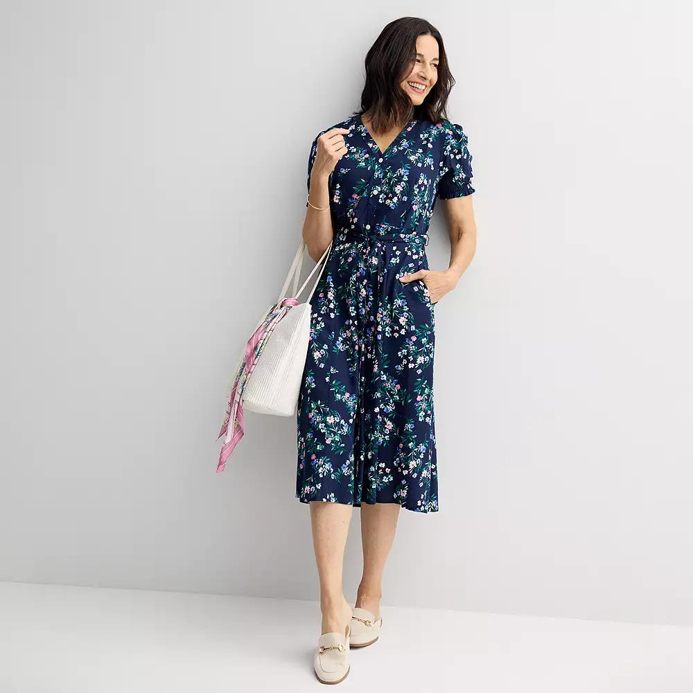 Women's Croft & Barrow® Button Front V-Neck Midi Dress, Size: Large, Blue Team Floral Product Image
