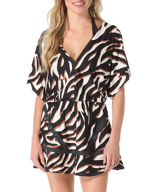 Coco Reef Wild Zebra Adorn V-Neck Short Sleeve Swim Cover-Up Dress Product Image