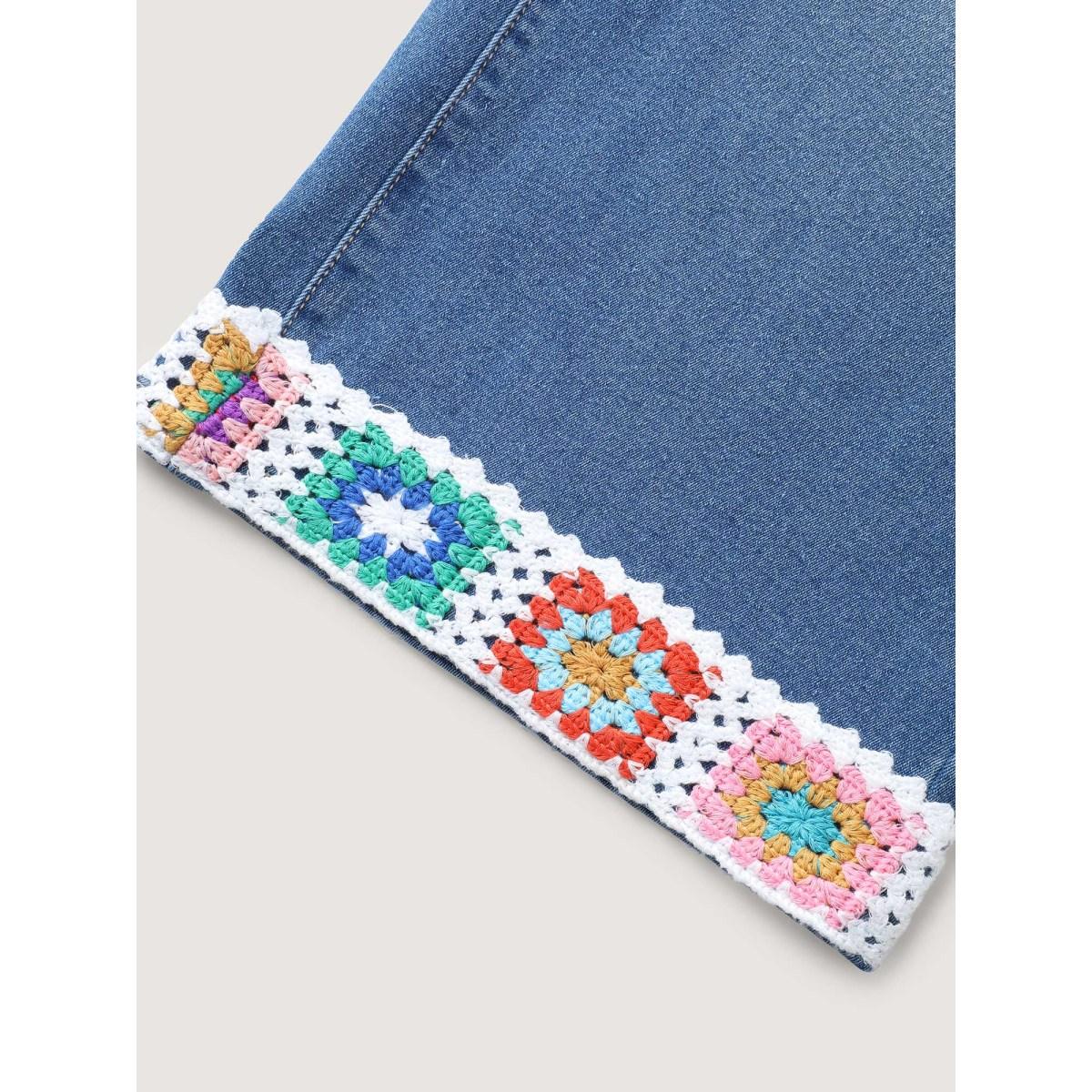 Plus Size Floral Crochet Hem Bootcut Jeans Women Denimlightblue Leisure High stretch Slanted pocket Jeans BloomChic 18/2X Product Image