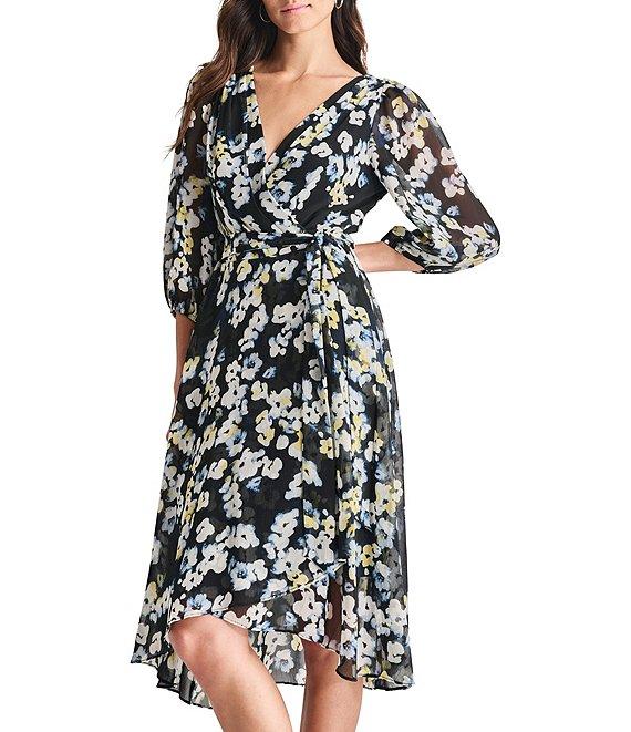 DKNY by Donna Karan V-neck 3/4 Sleeve Floral Print Faux Wrap Midi Dress Product Image
