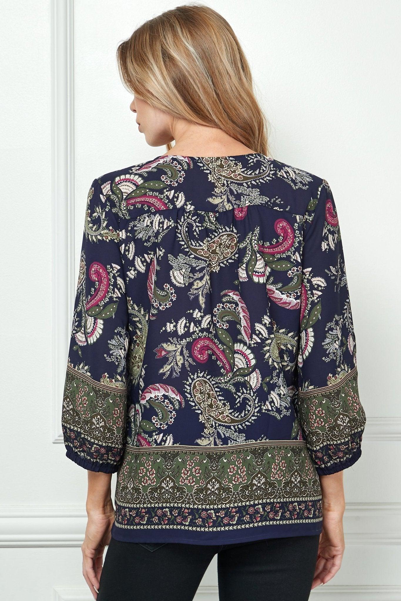 Navy Paisley 3/4 Sleeve Blouse Product Image