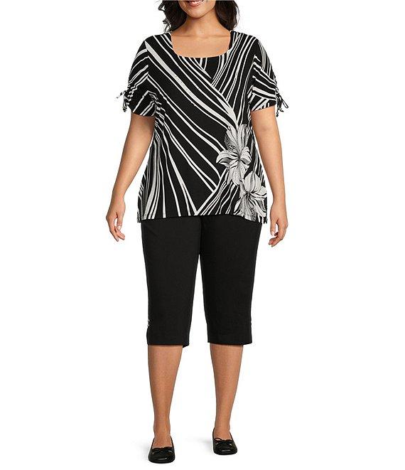 Allison Daley Plus Size Hibiscus Wave Print Short Ruched Tie Sleeve Square Neck Knit Top Product Image