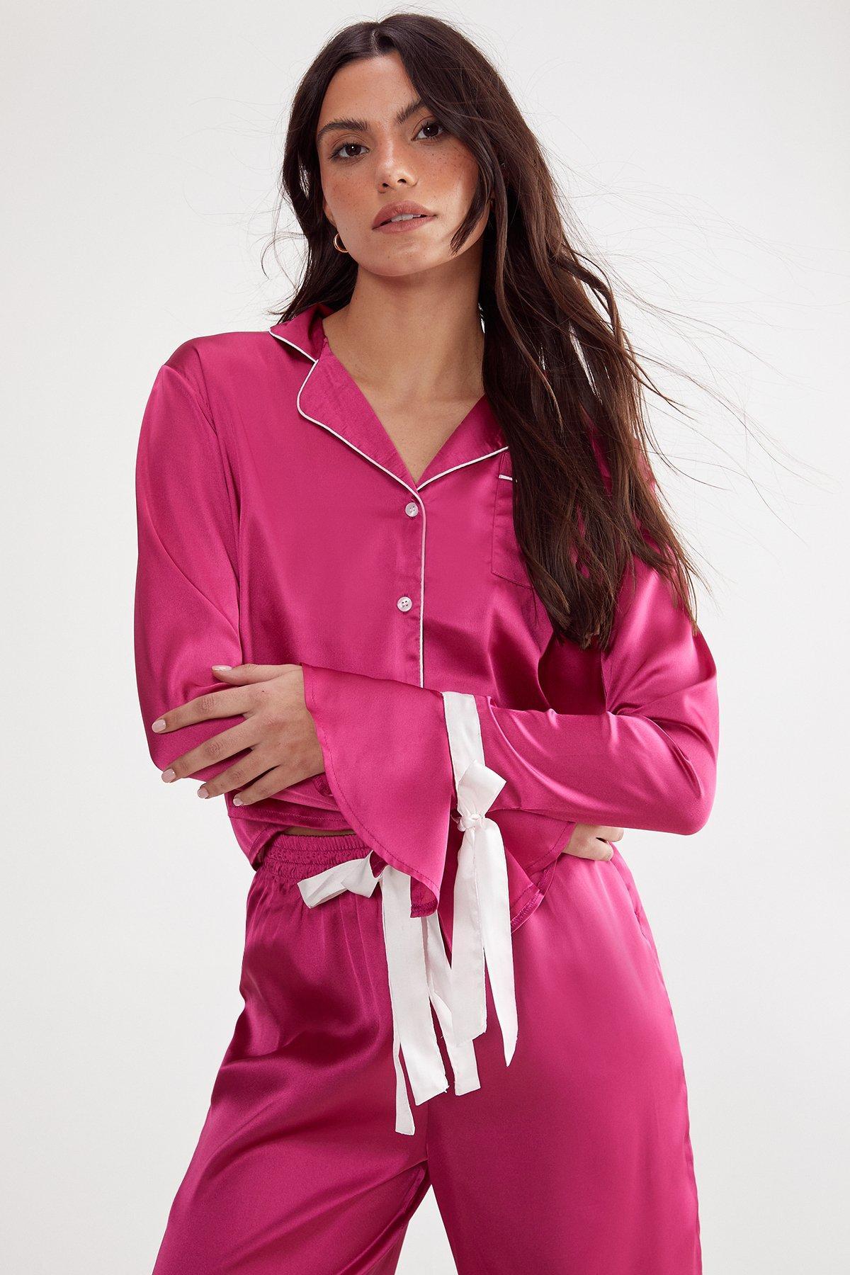 Satin Contrast Velvet Tie Cuff Pajama Shirt and Pants Set Product Image