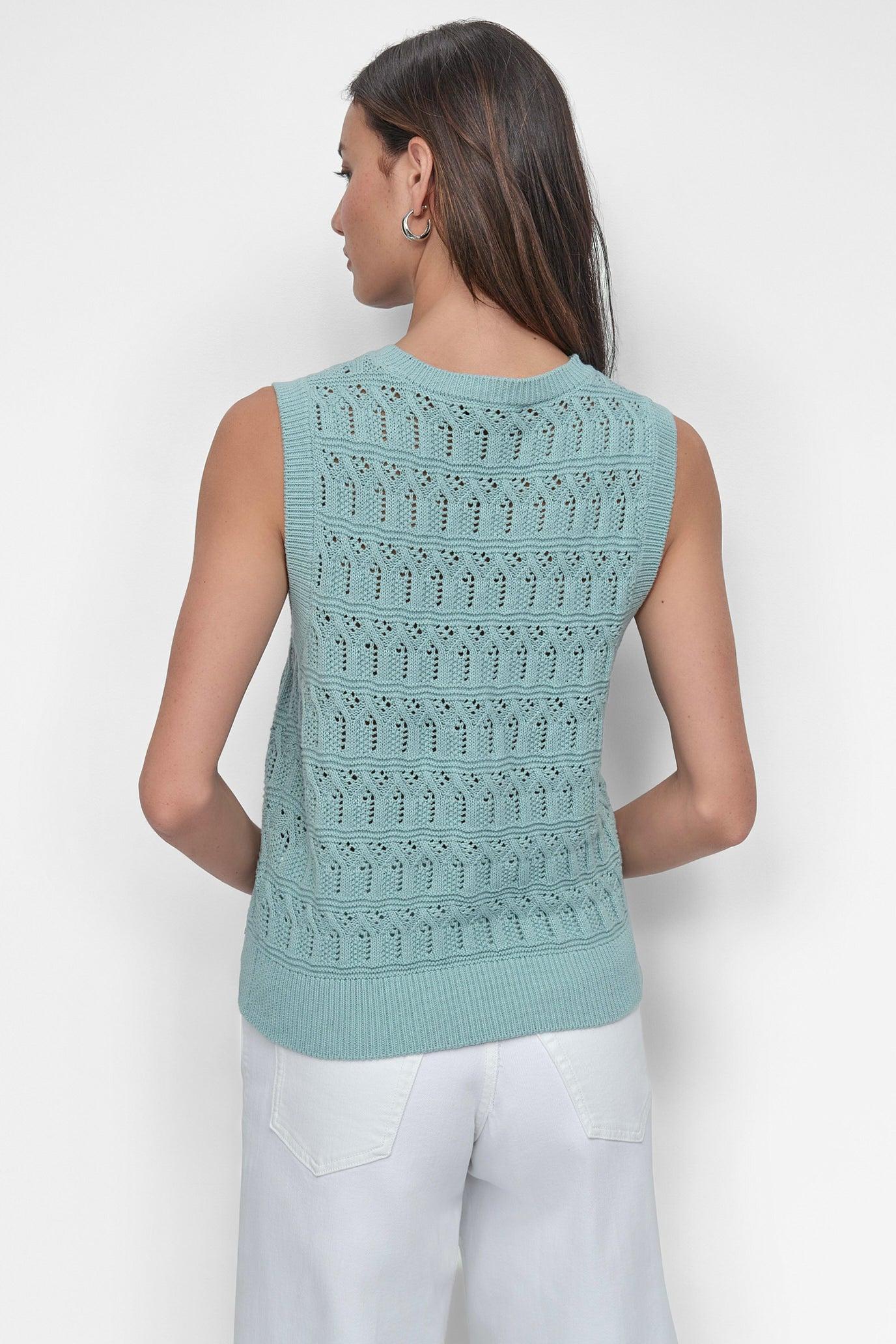 COTTON SLEEVLESS LACEY STITCH CREW NECK Product Image