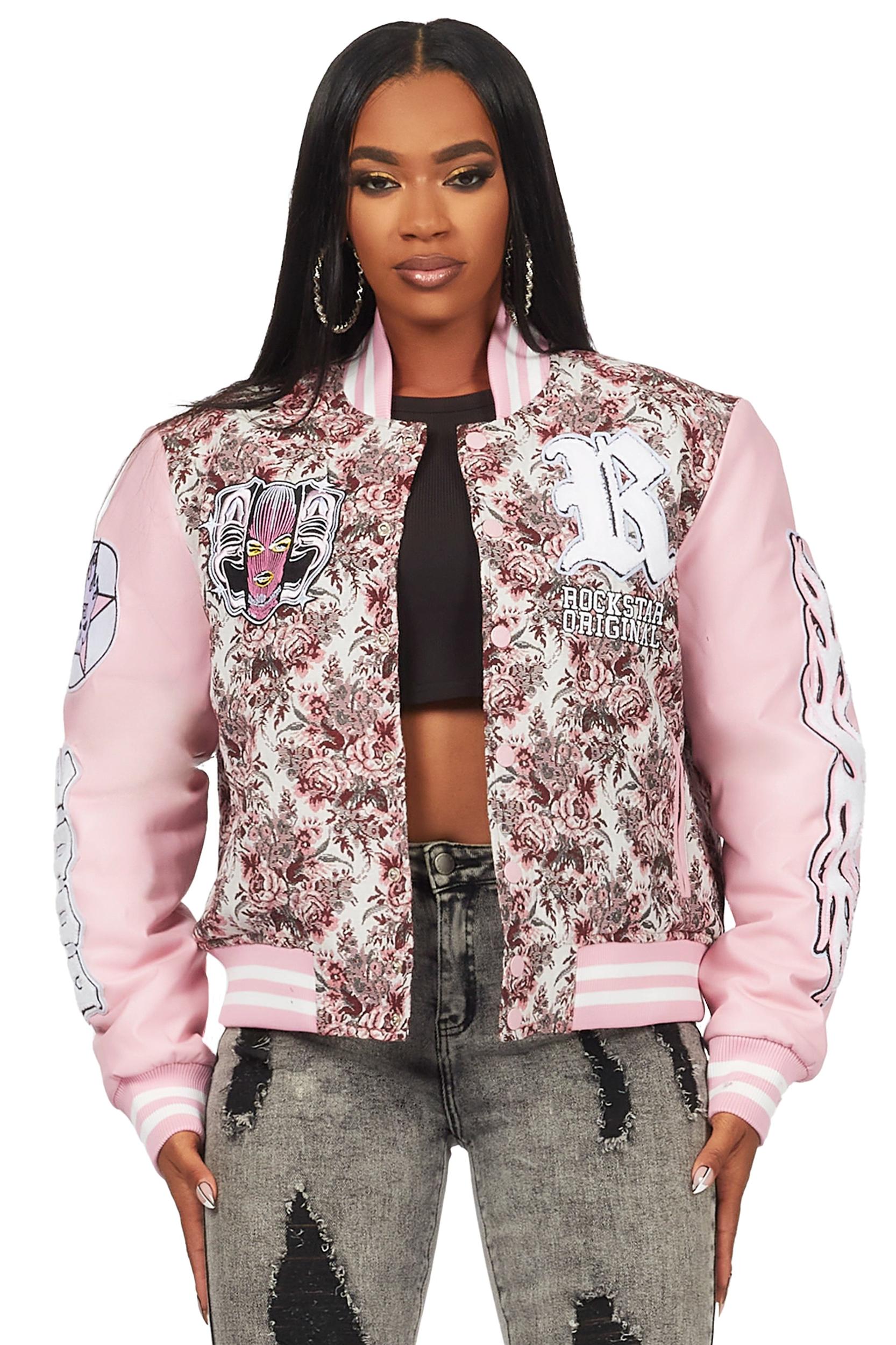 Lakiela Pink Oversized Tapestry Varsity Jacket Female Product Image