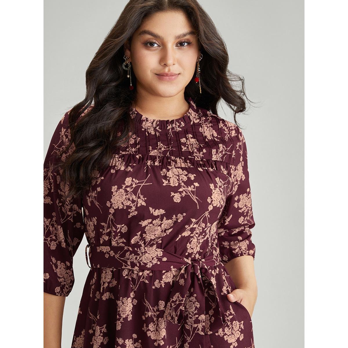 Plus Size Silhouette Floral Print Stand Collar Belted Pleated Dress Burgundy Women Elegant Elastic cuffs Stand-up collar Elbow-length sleeve Curvy Midi Dress BloomChic 28/5X Product Image