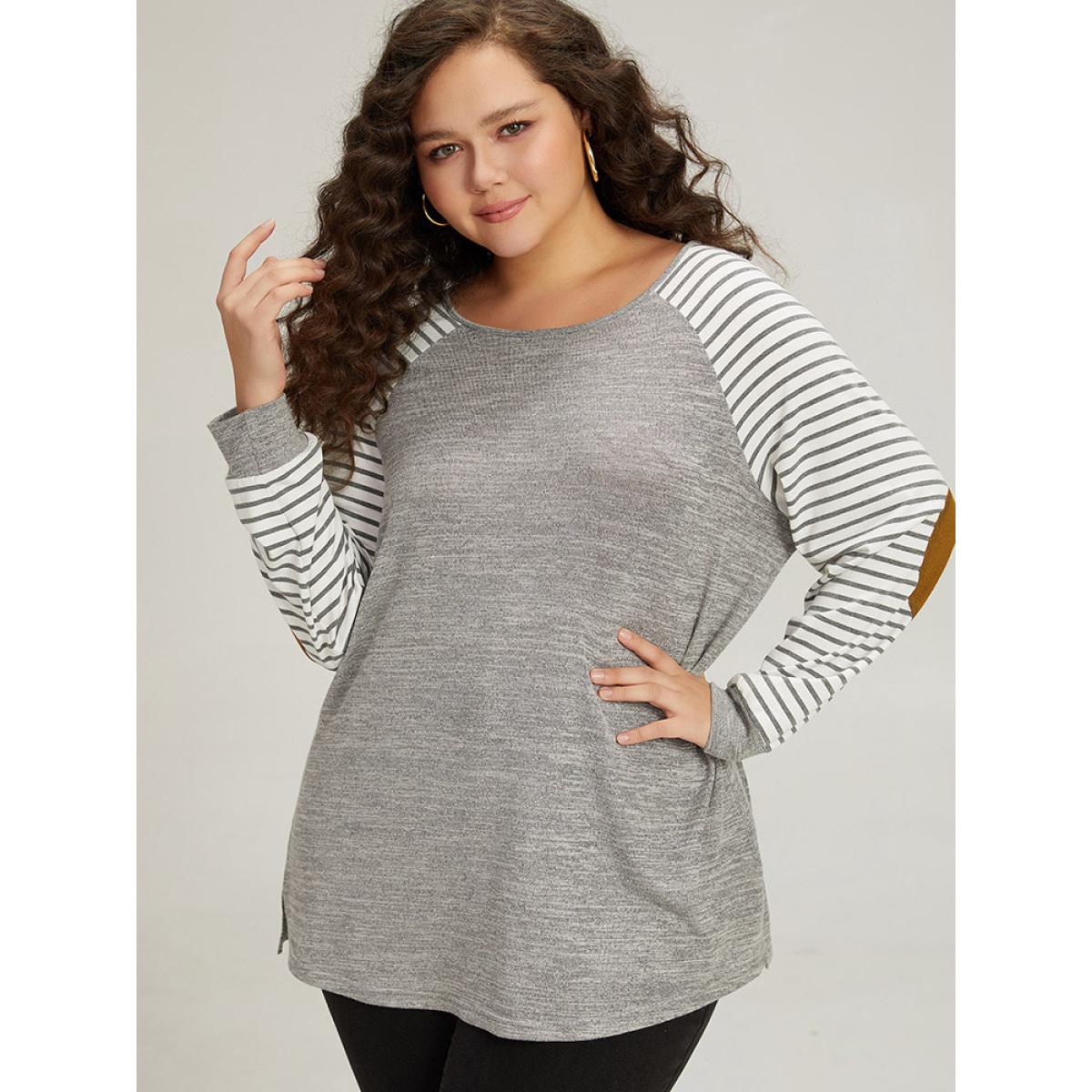 Plus Size Striped Raglan Sleeve Patched Split Side T-shirt Gray Women Casual Contrast Striped Round Neck Dailywear T-shirts BloomChic 10/M Product Image