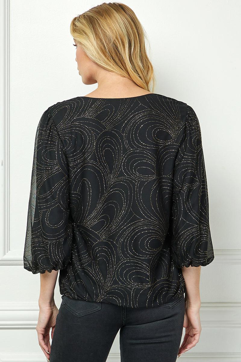 3/4 Button Tab Sleeve Pintuck Mandarin Collar Popover Blouse in Black Product Image