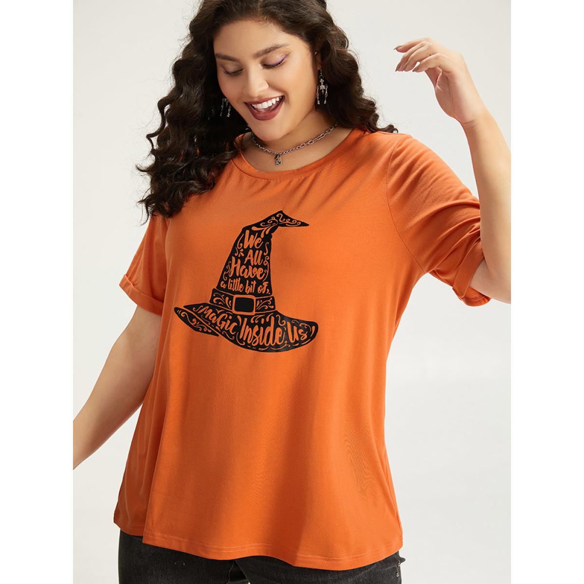 Plus Size Halloween Graphic Roll Sleeve Crew Neck T-shirt OrangeRed Women Casual Printed Halloween Festival-Halloween T-shirts BloomChic 30/6X Product Image