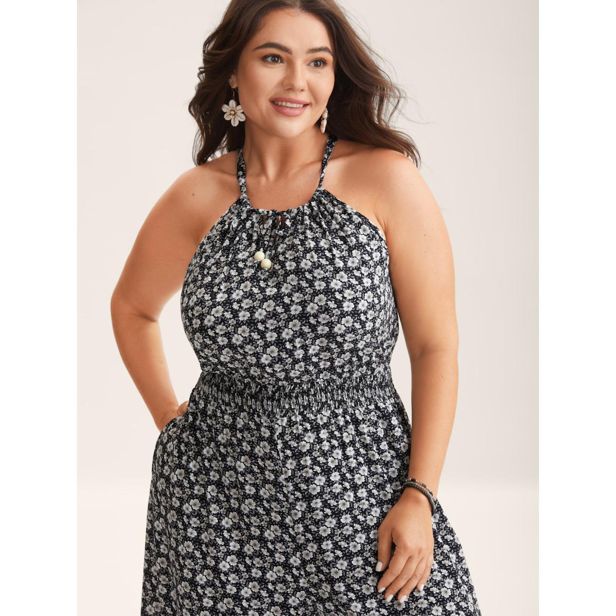 Plus Size BlackFlower Ditsy Floral Print Shirred Tie Jumpsuit Women Sleeveless Non Vacation Loose Jumpsuits BloomChic 12/L Product Image