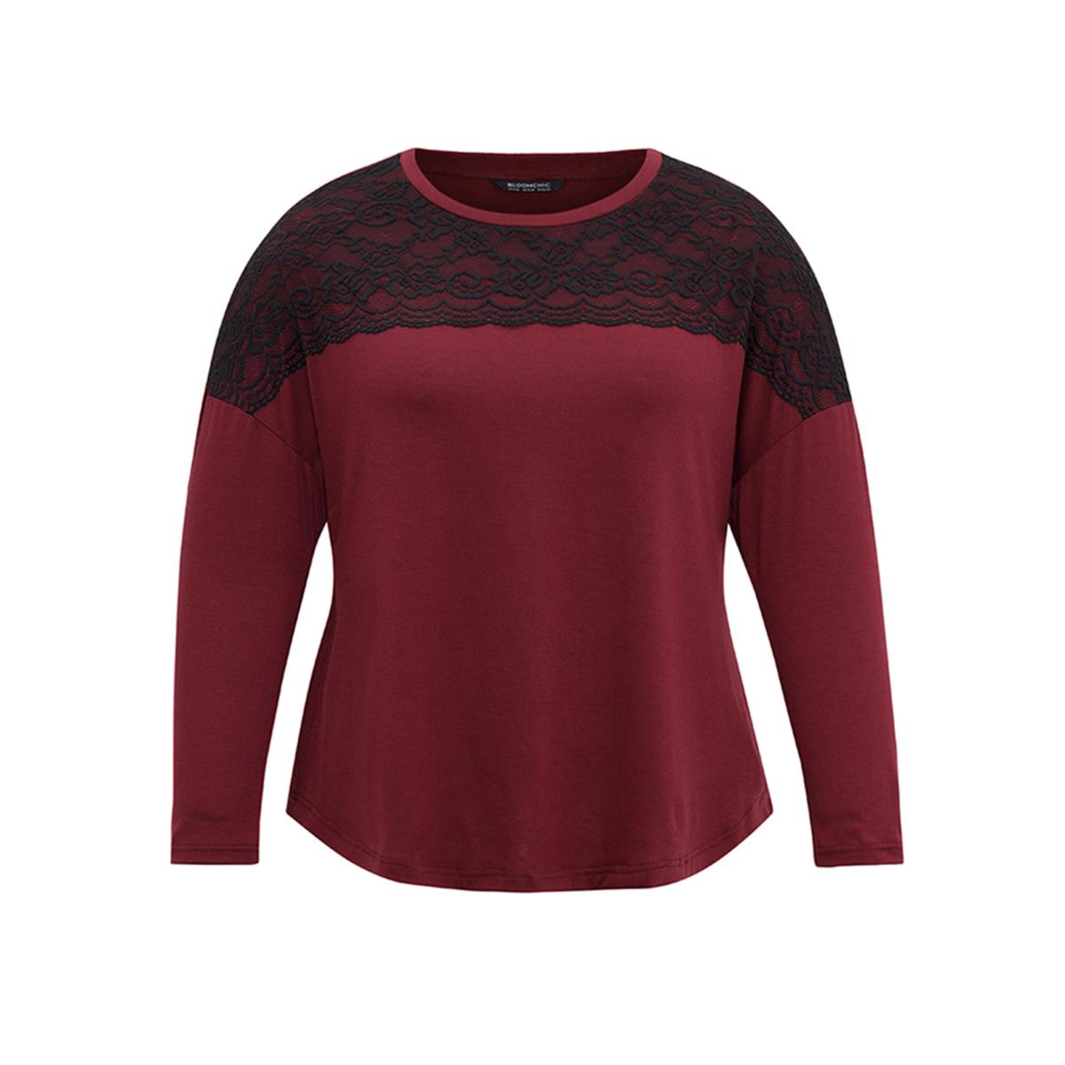 Plus Size Contrast Lace Panel Drop Shoulder T-shirt Burgundy Women Elegant Contrast Plain Round Neck Dailywear T-shirts BloomChic 28/5X Product Image